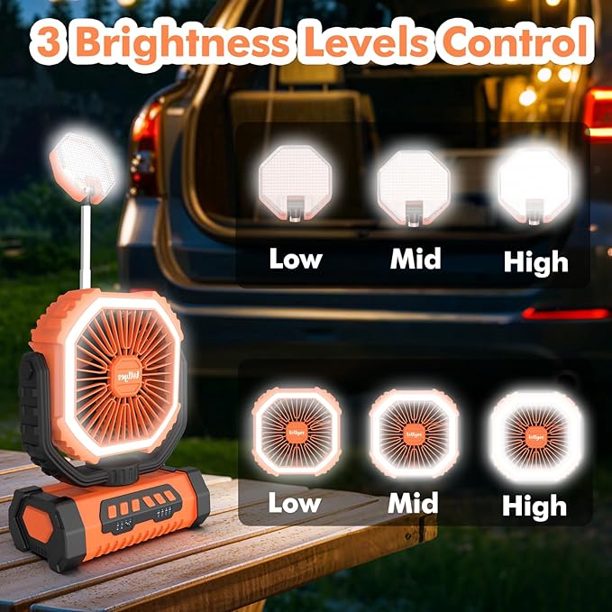 Portable Fan, AI Outdoor Rechargeable Camping Fan with Light, 20000mAh Battery Powered, 360° Rotating Hook, 4 Speeds for Indoor, Traveling, Tenting, RVing, Fishing, Beach (Orange)