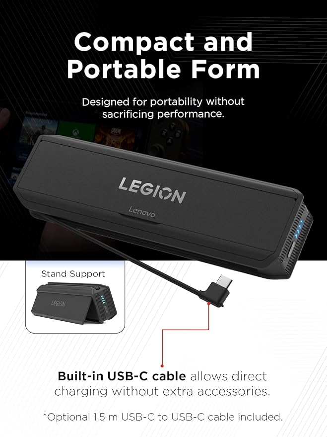 Lenovo Legion Go 65W 12800 Power Bank, Portable Power for Handheld Gaming and Other Devices, USB-C Integrated Cable, Magnetic Attach, Built-in Stand, Black
