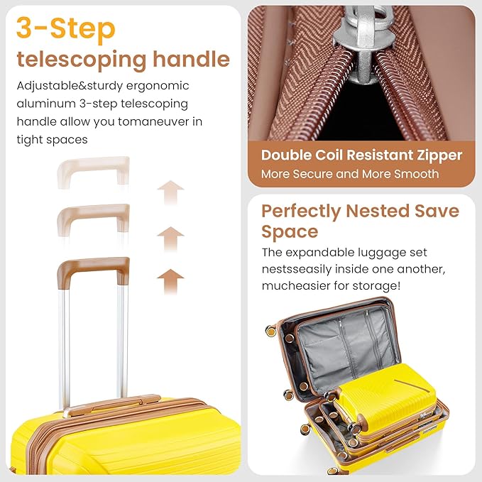 Hard Shell Luggage Sets 4 Piece with 360 Spinner Wheels,Lightweight Suitcase Set with TSA Lock,Travel Luggage Set with Telescoping Handle,Light and Strong,Easy to Clean (Yellow)