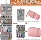 Elviros Hanging Travel Toiletry Bag for Women, 3-in-1 Large Makeup Bag and Cosmetic Organizer, Vegan Leather Waterproof Skincare Case for Travel Size Toiletries and Accessories, Gift for Women