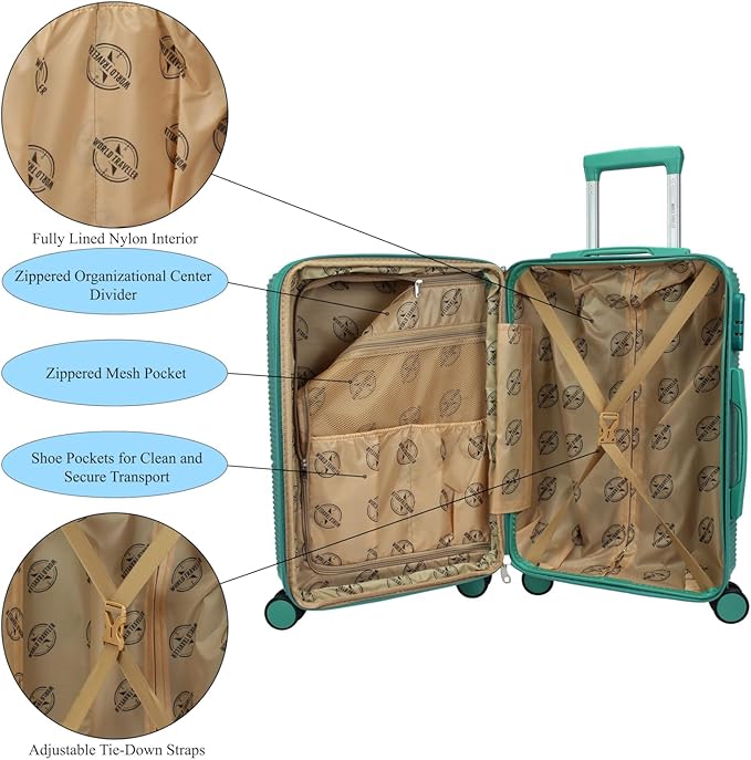 World Traveler VentureX Airline Approved 2-Piece Carry-On Luggage Set – Lightweight Hardside Polycarbonate Suitcase with Spinner Wheels - Green