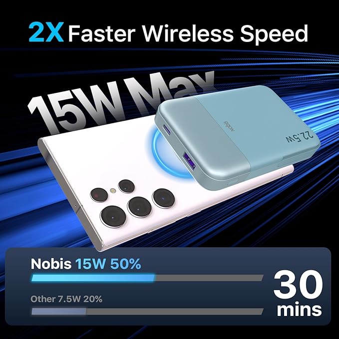 NOBIS A2641 Magnetic Power Bank, 10000mAh Wireless Portable Charger, 22.5W Magnetic Battery Pack with Stands,Magnetic Portable Charger with LED Display for Phone 16 (Blue, 22.5W)