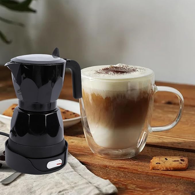 Electric Mocha Pot, 3 Cup Aluminum Machine Portable Electric Italian Cuban Coffee Maker with Detachable Base, Mocha Maker for Home Travel Office (Black)