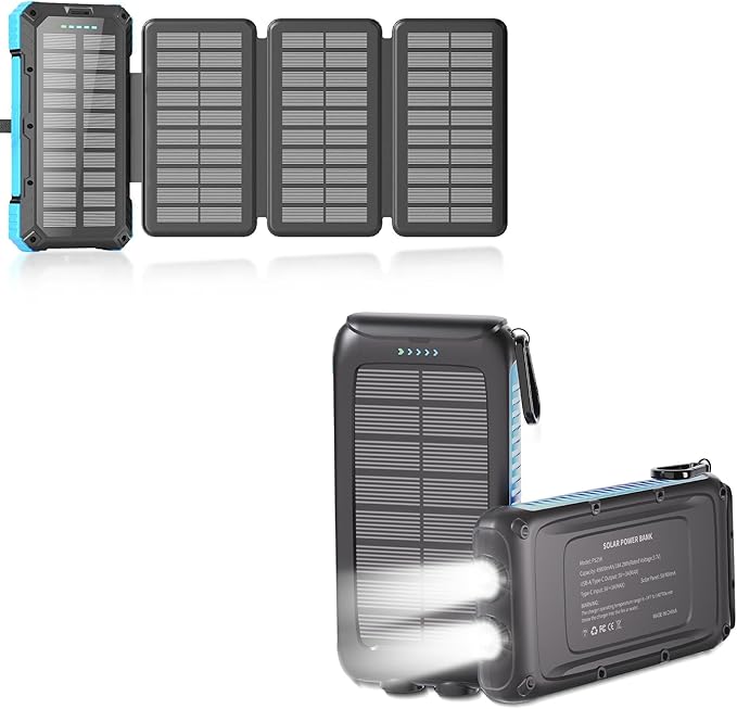 2 Pack, Solar Charger with Built-in Cables 49800mAh +Solar Power Bank 49800mAh for iPhone Android Samsung