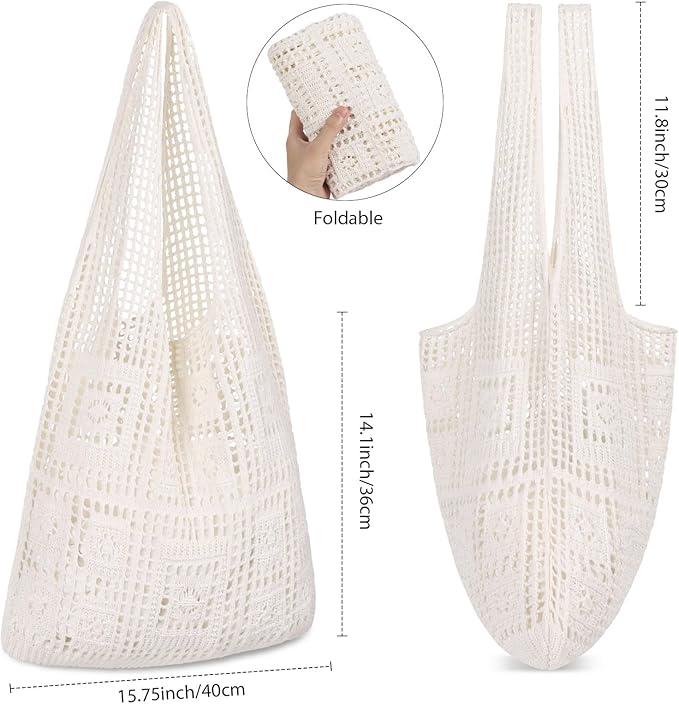 WantGor Crochet Bags, Beach Mesh Tote Bag Womens Shoulder Shopping Handbag Casual Travel Totes Bag Foldable Hobo Bags