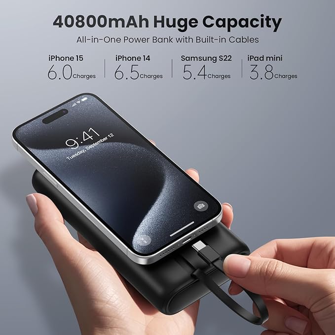 Ekrist Upgraded Portable Charger 40800mAh Power Bank - Portable Battery with 2 Built in Cables,PD 25W USB C Fast Charging Battery Pack Compatible with iPhone 17 16 15 14 13 Android Phone etc-Black