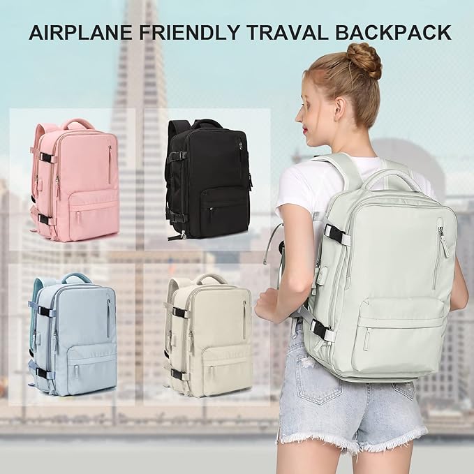 WONHOX Large Travel Backpack Women, Carry On Backpack, Hiking Backpack Waterproof Outdoor Sports Rucksack Casual Daypack with USB Charging Port Shoes Compartment, Moon White
