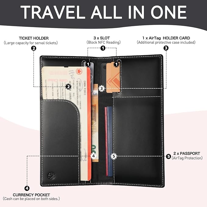 Leather Passport Holder for Travel with AirTag Holder, RFID Blocking Passport Wallet with Card Slots for Men & Women (Black)