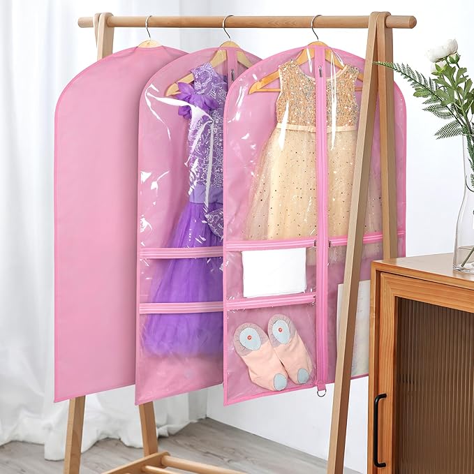 Univivi Dance Costume Bags Garment Bag 40 Inch Hanging Clothes for Dance Competitions, with 3 Medium Clear Zipper Pockets for Dance Costumes, Closet Storage (Pink) - 12 Pack