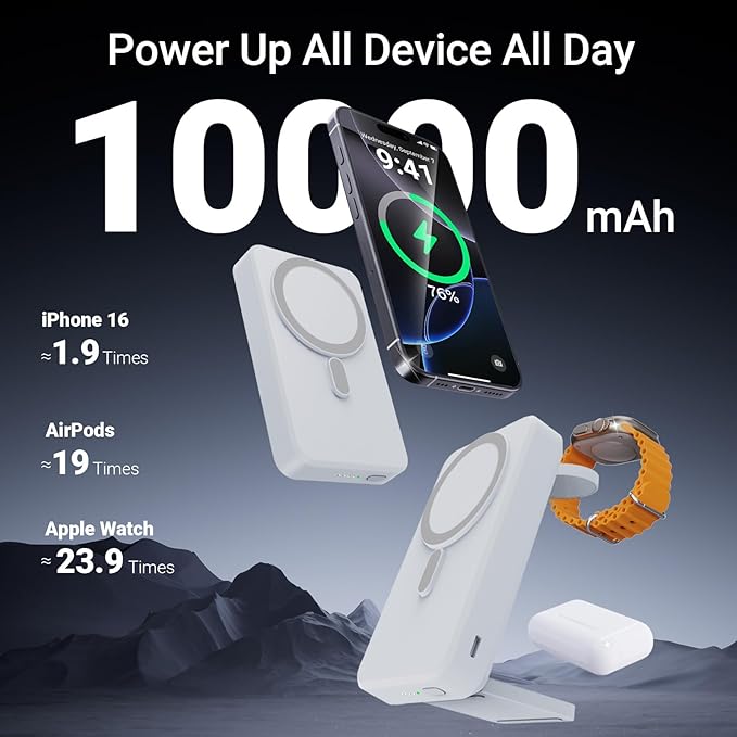 Kysson 5-in-1 Portable Charger, 10000mAh Foldable Power Bank Fast Charging,MagSafe Charger Battery Pack Magnetic,Travel Wireless Charging Station for iPhone 17/16/15/14/13/12,iWatch, Air pods, White
