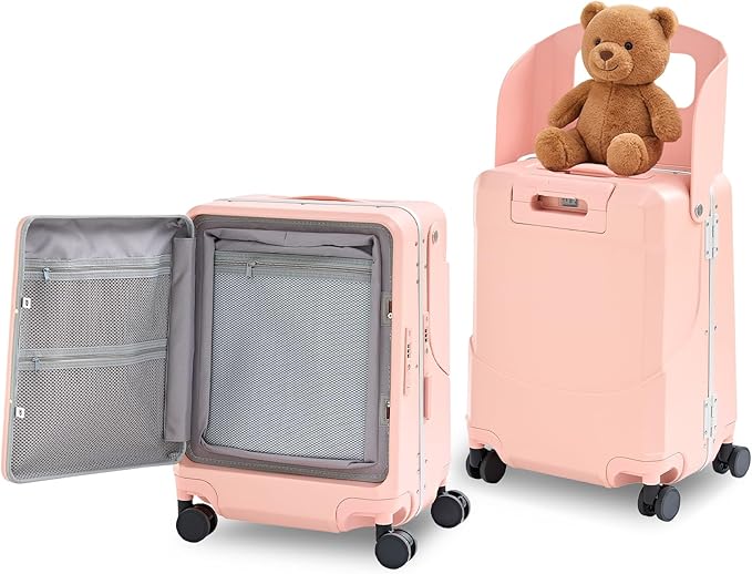 TABU 20" Ride on Luggage with Foldable Seat，Front-Opening Carry On Suitcase with Built-in USB & Type-C Port, TSA Lock and 360° Silent Spinner, for Kids & Adults, Pink