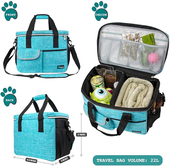 PetAmi Dog Travel Bag, Travel Pet Bag Organizer, Dog Food Travel Bag with Container Collapsible Bowls, Pet Travel Supplies Gift Accessories for Weekend Camping, Puppy Cat Diaper Bag, Teal Blue Medium