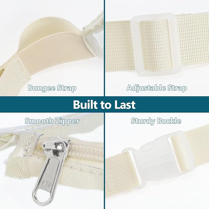 Veckle Clear Fanny Pack Stadium Approved - Adjustable 33-47 Inch Strap, Transparent Belt Bag for Women Men Fits 7.5-inch Smartphone, Waist Bag Clear Bag for Sport Events, Concerts, Cream White