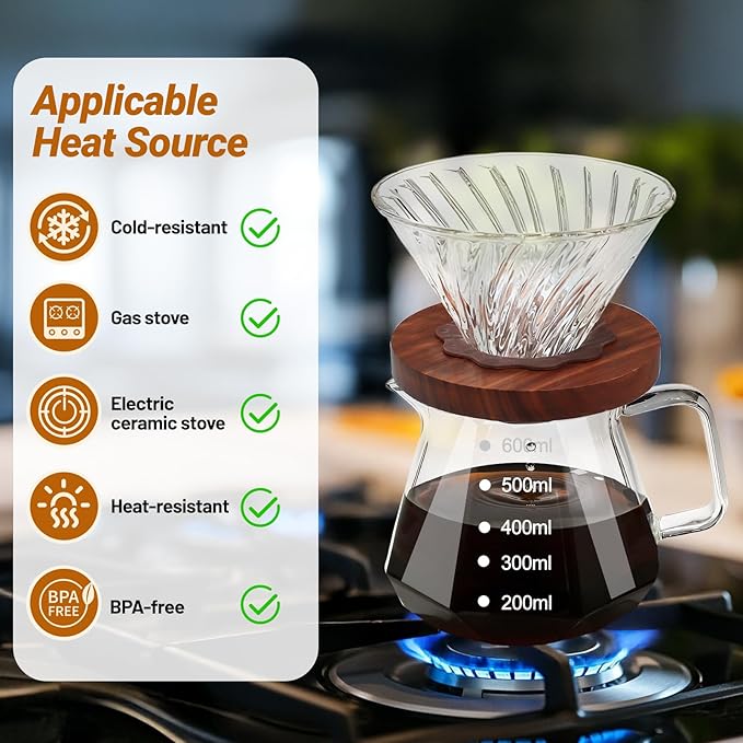 Coffee Pour Over 20.3oz 600ml High Borosilicate Glass Pour Over Coffee Maker Set Camping Travel with 100 Pcs V60 Cone Filter Paper Hand Brew Carafe Drip Suitable for Electric Ceramic Stove