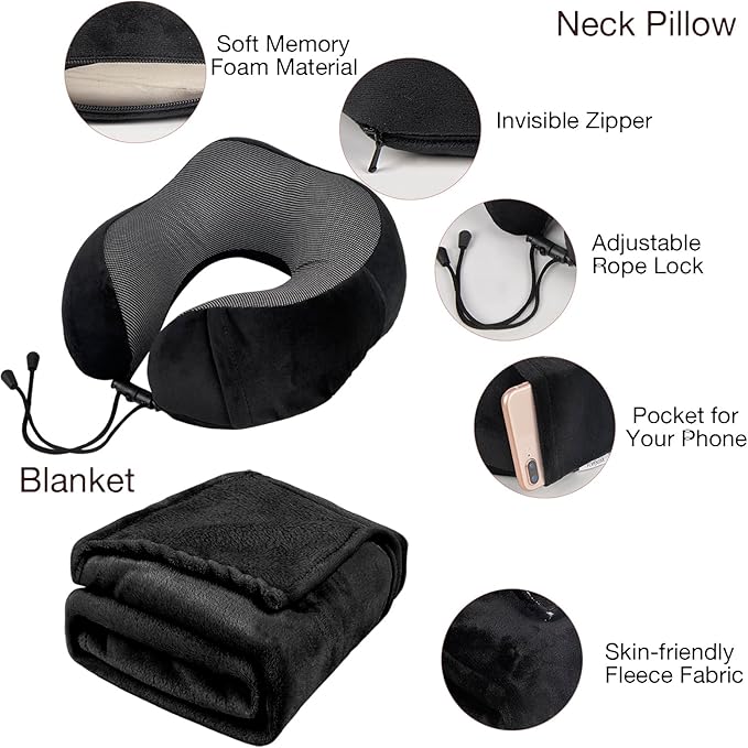 Travel Pillow and Blanket Set & Foot Rest, Memory Foam Neck Pillow Airplane Blanket & Airplane Foot Hammock & Foldable Duffel Bag, Eye Mask & Earplugs, Portable Travel Accessories Essentials, Black