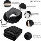 Travel Pillow and Blanket Set & Foot Rest, Memory Foam Neck Pillow Airplane Blanket & Airplane Foot Hammock & Foldable Duffel Bag, Eye Mask & Earplugs, Portable Travel Accessories Essentials, Black