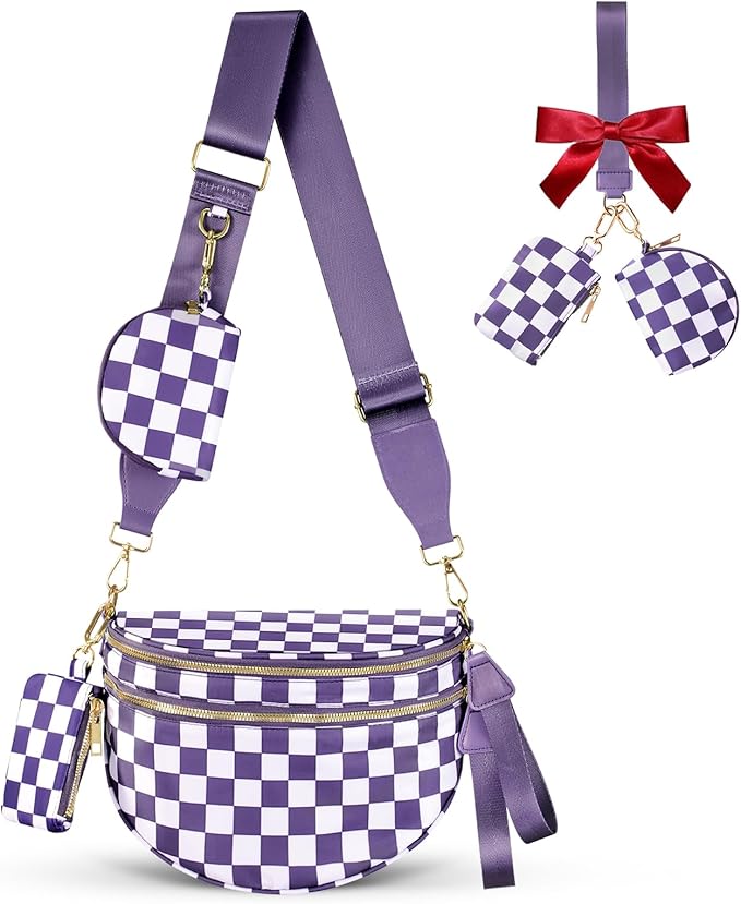 Cross Body Bag for Women Checkered Crossbody Bags Bum Bags for Women Fanny Packs for Girls Small Nylon Checkered Purse Trendy Shoulder Bag (Checkered Purple, One Size)