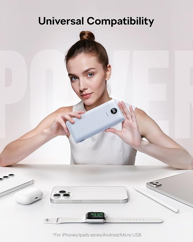VEGER All in One Travel Portable Charger with Built-in AC Plug & Cables, 10000mAh Slim Power Bank Battery Pack, 15W Fast Charging Compatible with iPhone, Samsung, Android-White