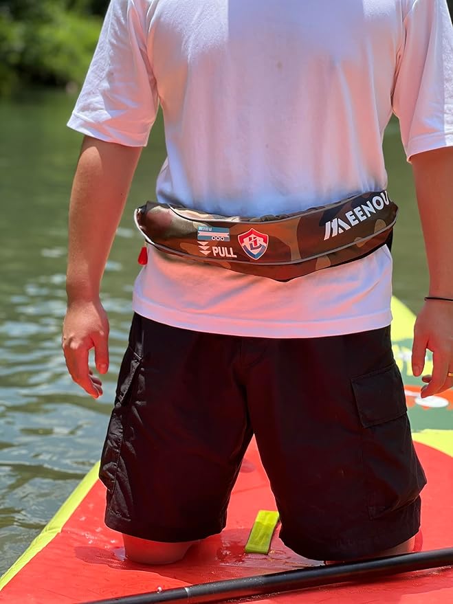 Automatic Inflatable Belt Pack Water Sports Jacket Waist Belt PFD for SUP Paddleboarding Fishing Boating Kayaking（fit 80-330 lbs） (Green camouflage)