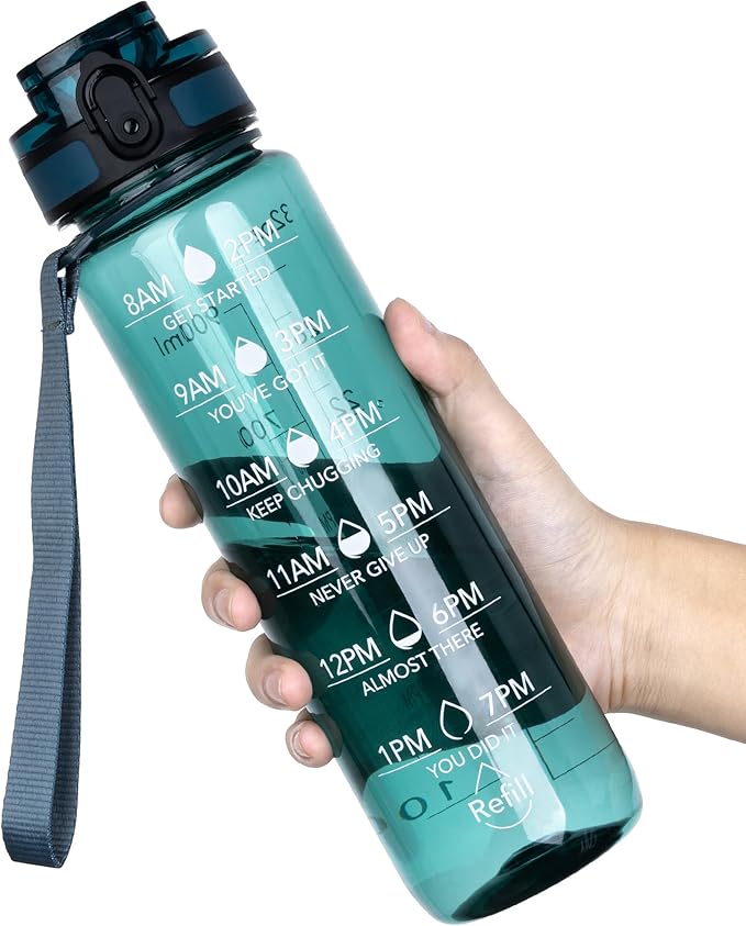 OLDLEY Water Bottle, 32oz Motivational Sports Water Bottle with Time Marker - Times to Drink - Tritan, BPA Free, Wide Mouth Leakproof, Anniversary Birthday Gifts for Men Women, Deep Sea (1 Bottle)