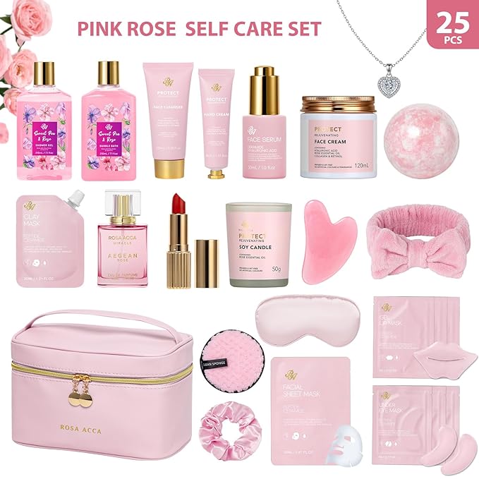 25 Pcs Mother's Day Gift, Rose Bath & Body Gift Basket Set for Women, Hydrating Skin Care Set, Self Care Gifts, Cosmetic Bag, Necklace, Christmas, Birthday, Anniversary, Mom, Wife