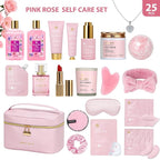 25 Pcs Mother's Day Gift, Rose Bath & Body Gift Basket Set for Women, Hydrating Skin Care Set, Self Care Gifts, Cosmetic Bag, Necklace, Christmas, Birthday, Anniversary, Mom, Wife