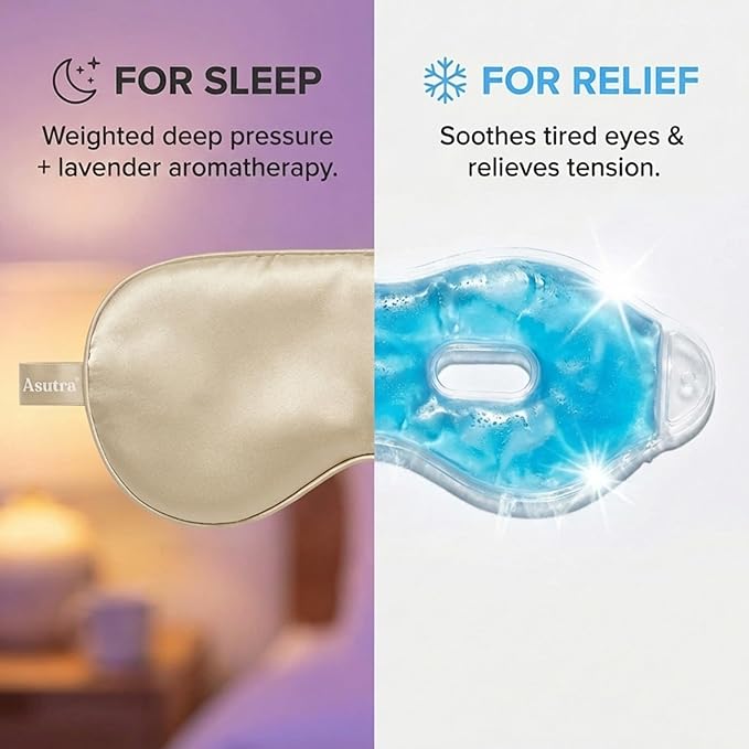 ASUTRA Silk Eye Pillow for Sleep, Champagne - Filled w/Lavender Buds & Flax Seeds, Weighted Eye Mask, Meditation & Light Blocking Blindfold, Cooling Gel Mask Included