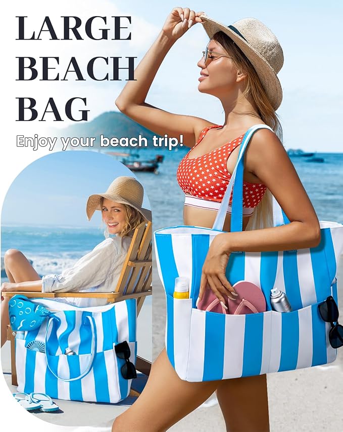 Iioscre Beach Bag for Women, Causal Hobo Pool Bags with Zipper Inner Pocket, Foldable Swim Tote Bag for Vacation Essentials