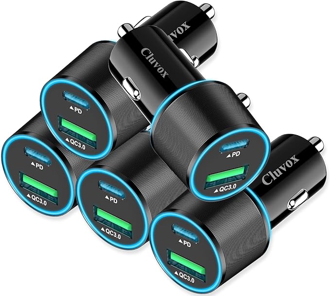 5 Pack 38W USB C Car Charger Adapter, 20W Fast USBC & 18W Rapid QC3.0 Ports, 12V Cigarette Lighter Adapter, Type C Auto Plug Outlet Accessories for iPhone 17 16 15 14, Samsung S26, Android Cell Phone
