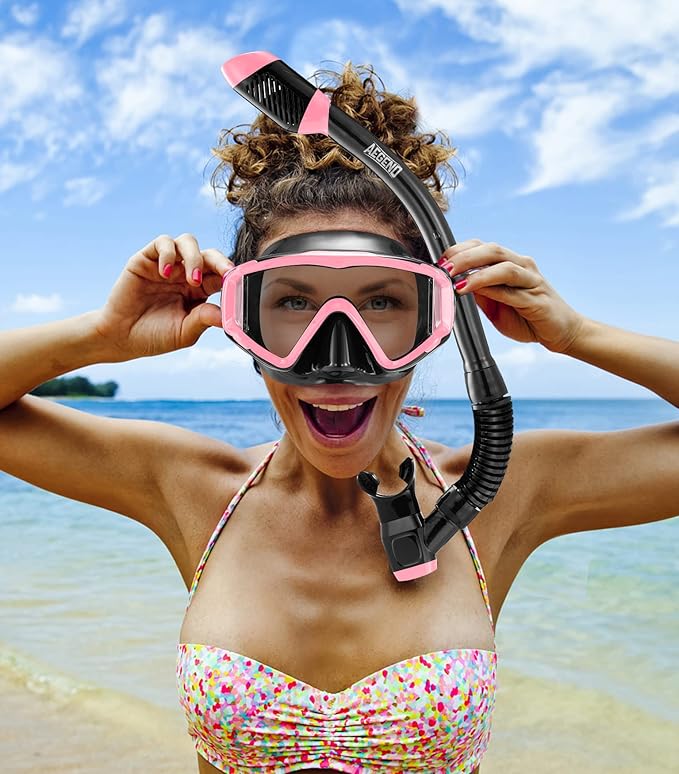 Aegend Snorkeling Gear for Adults Youth Kids, Snorkel Mask with Top Dry Valve - Panoramic View Anti-Leak and Anti-Fog with Mesh Bag for Snorkeling, Scuba Diving, Freediving & Swimming
