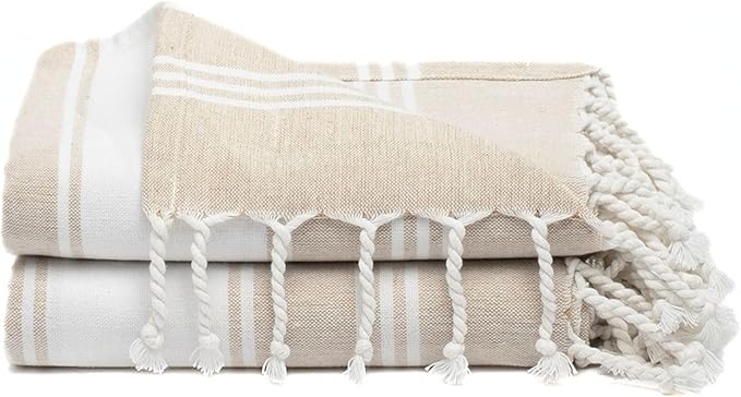 Cotton Turkish Beach Towel with Towels Oversized 36"x72" Pool Absorbent Extra Large Quick Dry Sand Travel Towel (Beige, 2 Pack)