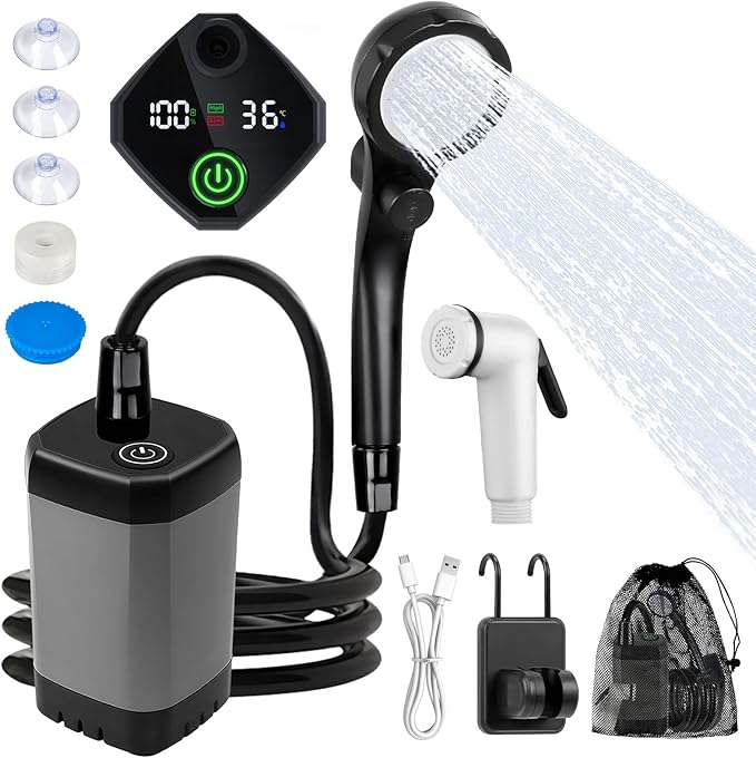 Fohil Portable Shower for Camping, 6000mAh Rechargeable Portable Outdoor Shower with Digital Display, IPX7 Waterproof Outdoor Camp Pump for Camping, Beach, Hiking, Travelling, Pet Cleaning