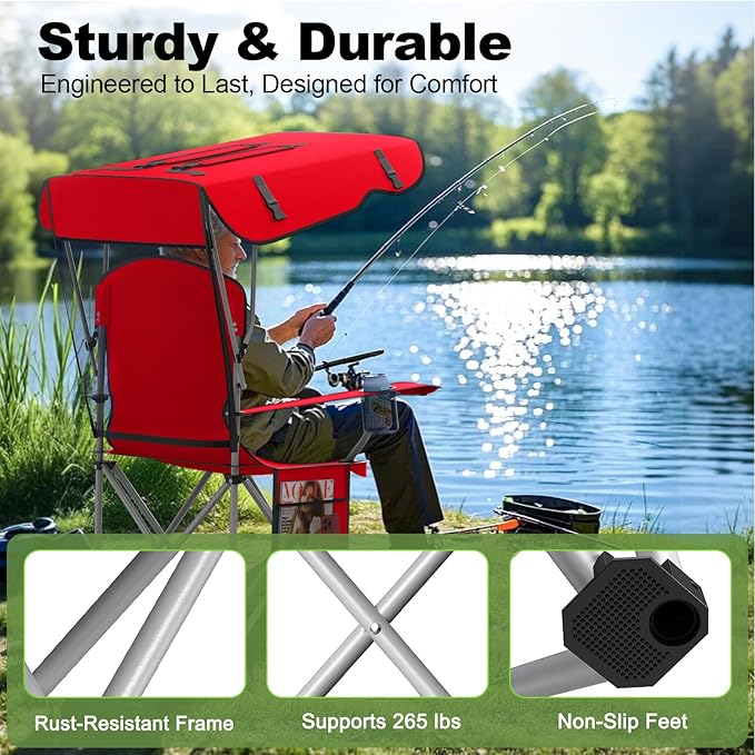 VTOY Portable Camping Chair with Canopy - Folding Chair with Canopy, Durable 600D Oxford Canopy Chair for Camping, Beach, Picnics, Fishing & Sports