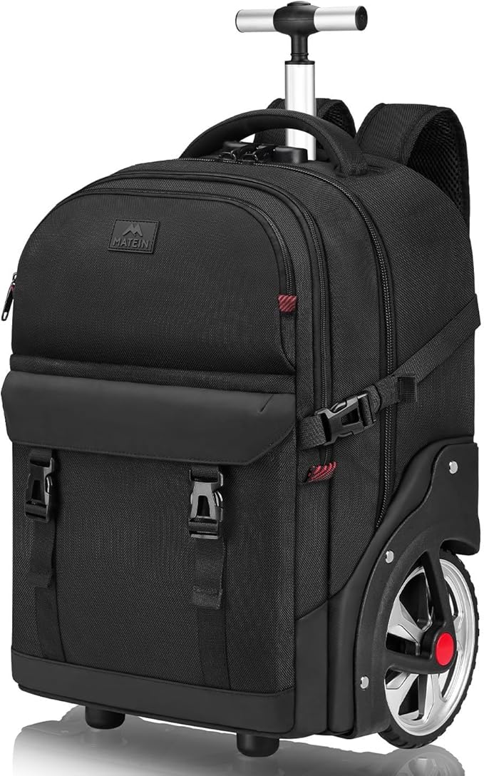 MATEIN Rolling Backpack for Men with Wheels, 17 Inch Large Wheeled Backpack with Combination Lock, Water Resistant Anti Theft Travel Laptop Backpack for Adults Work Business, Black