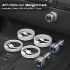 USB C Car Charger, 65W 4-Port 12V USB Car Power Cigarette Lighter Adapter with Voltage Display QC/PD 3.0 Super Fast Charge Type C Car Charger for iPhone 17 16e 15 Pro Max Air Pad Pro+4 Pack C Cords