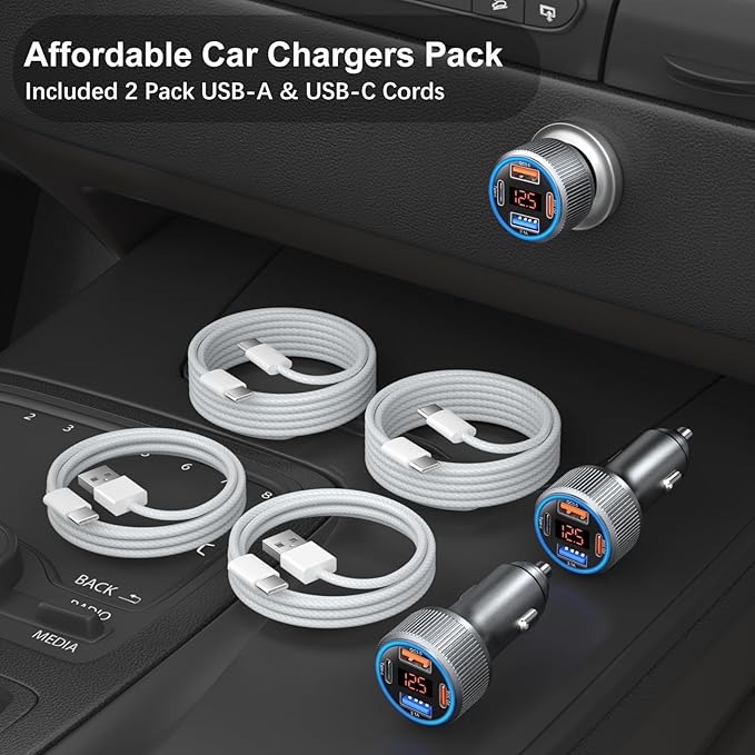 USB C Car Charger, 65W 4-Port 12V USB Car Power Cigarette Lighter Adapter with Voltage Display QC/PD 3.0 Super Fast Charge Type C Car Charger for iPhone 17 16e 15 Pro Max Air Pad Pro+4 Pack C Cords