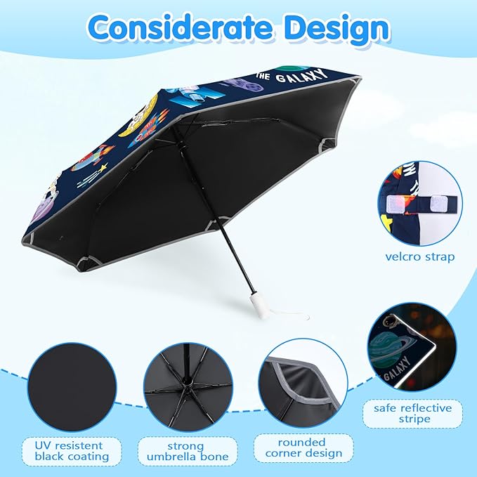 Kids Folding Umbrella Auto Open/Close Umbrellas for Rain Round Corner Safe Design UV Resistant Automatic Children Travel Umbrellas Reinforced Canopy 360° Reflective Strip Lightweight for Girls & Boys
