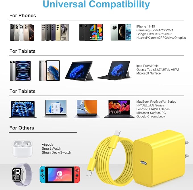 iPhone 17 16 15 Charger Fast Charging, [ETL Certified] 2 Pack 10FT USB C Charger Cable with 20W Type C Fast Charging Block for iPhone 17/17 Pro/17 Pro Max/16/16 Pro/16 Pro max/16 Plus/15（Yellow）