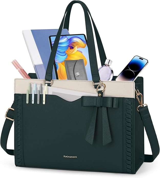 RAINSMORE Laptop Bag for Women 15.6 Inch Work Tote Bag with Detachable Strap & Bow Professional Laptop Tote with Cup Holder