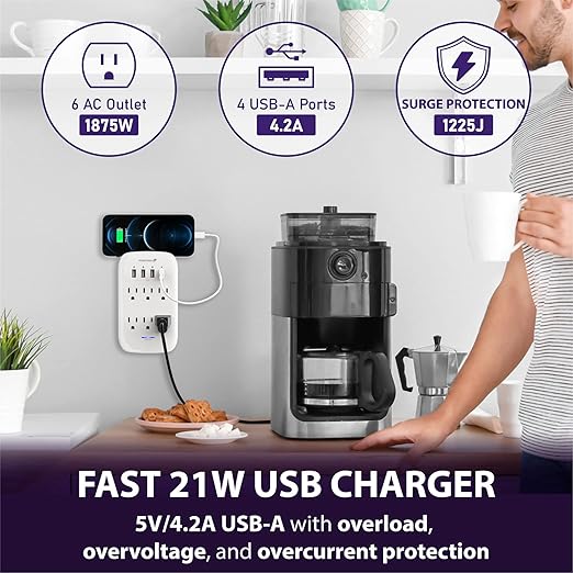 Fosmon 6 Outlet Wall Mount Surge Protector, 3-Prong Surge Suppression 1200 Joules, 15A 125VAC 60Hz 1875Watts Wall Outlet Adapter, Grounded LED, ETL Listed (4 USB-A (1 Pack))