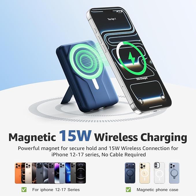 Azmuth Magnetic Wireless Power Bank 10000mAh, 15W Portable Charger Compatible with MagSafe for iPhone 17/16/15/14/13/12 Series Built-in Stand LED Display 20W PD USB-C 22.5W USB-A Blue