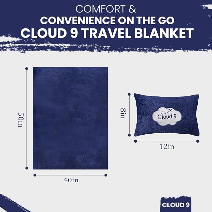 Cloud 9 Airline Travel Blanket Compact with Bag, Airplane Blanket for Long Flight, 3 in 1 Neck Pillow, Lumbar Support, Premium Airplane Accessories, Security Pouch, 300 GSM, Polyester Fleece