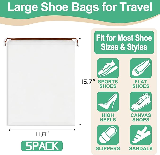 KLASIT Shoe Bags for Travel,Large Waterproof Portable Drawstring Clear Shoe Bags,Travel Essentials for Men and Women,15.7 x 11.8 inches, 5 PACK