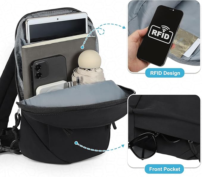 Small Sling Bag with RFID Blocking, Mini Fanny Pack for Women and Men, Convertible Crossbody Anti Theft Chest Bag for Travel Hiking Running, Black