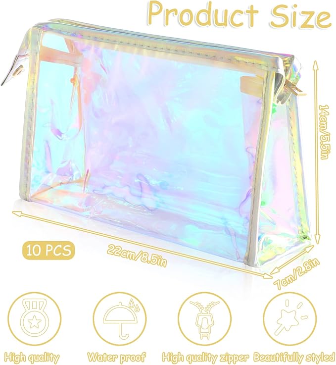 BESARME 10 Pcs Holographic Makeup Bags, Clear PVC Makeup Bag Iridescent Pouch Portable Zippered Toiletry Bag Waterproof Cosmetic Bags Bathroom Vacation Party Favors
