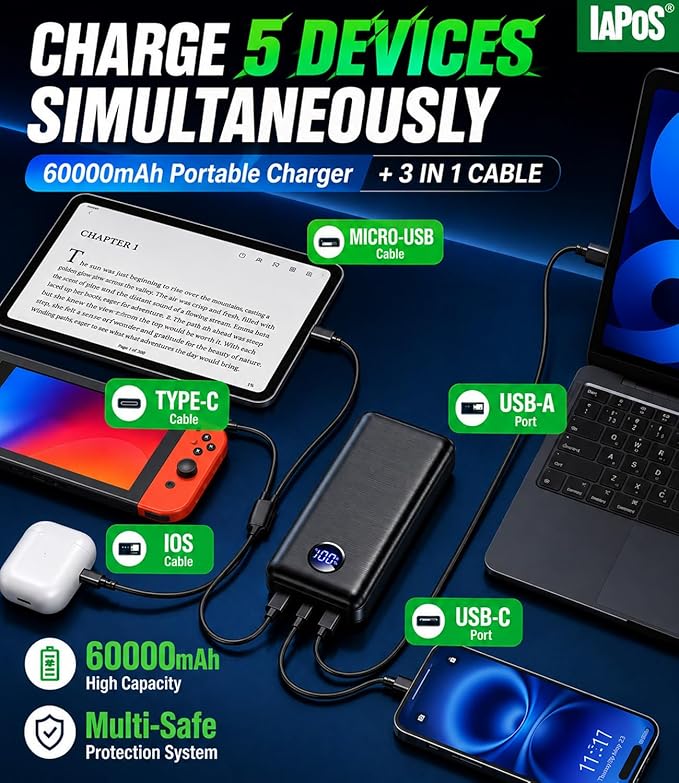 Portable Charger Power Bank - 60,000mAh Battery Pack, 22.5W Fast Charging Phone Charger Attached USB-C/iOS/Micro-USB Cable, Powerbank for iPhone 17 16 15 14 13 Samsung, for Travel Camping Essentials