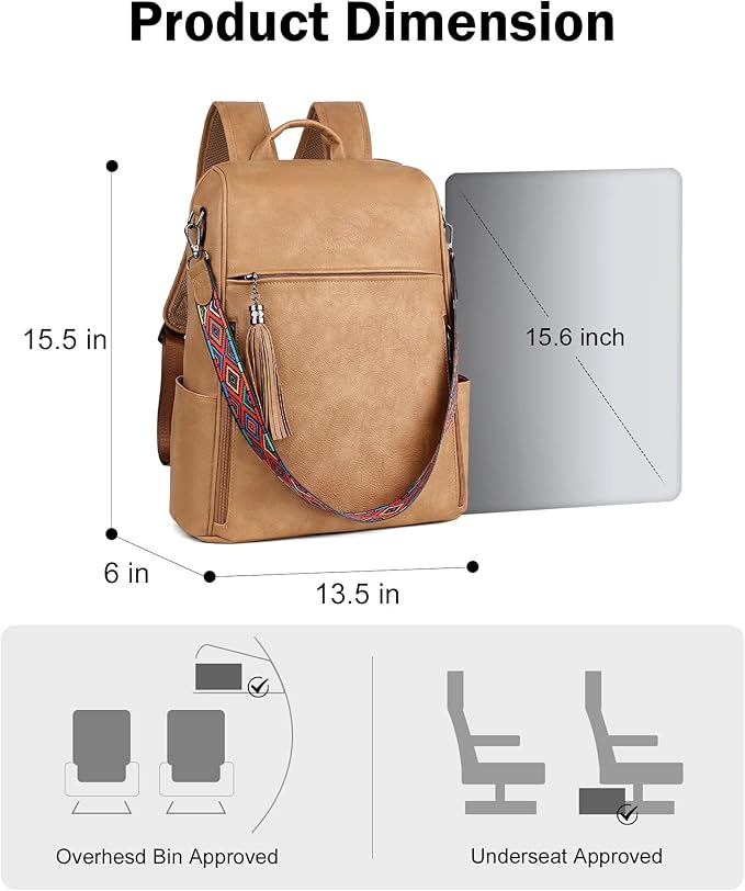 FADEON Leather Laptop Backpack for Women Designer 15.6 inch PU Laptop Bag, Ladies Travel Computer Work Backpack Camel Brown
