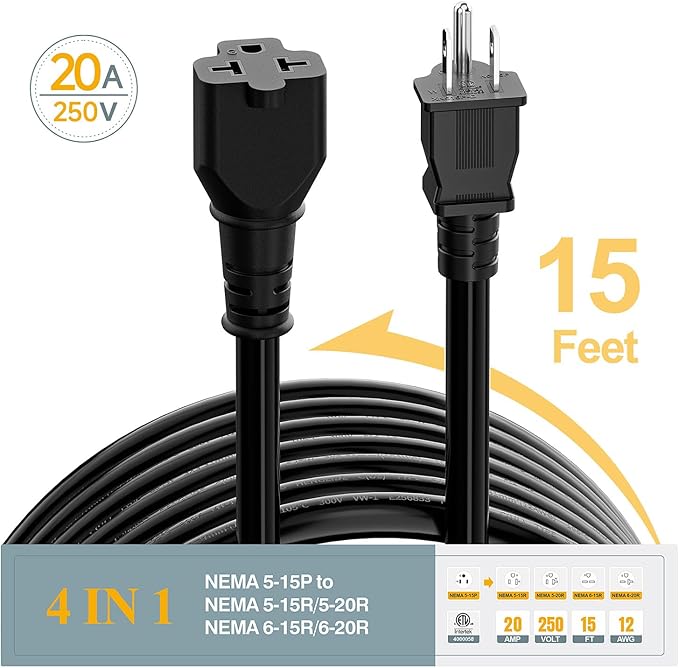15FT NEMA 5-15P to 5-15R/ 5-20R/ 6-15R/ 6-20R AC Adapter, Plugrand 12AWG 15 Amp Household AC Plug to 20 Amp T Blade Adapter Cable, 15A 125V to 20A 250V Extension Cable, 15FT, Black