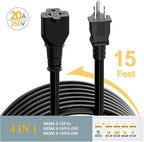 15FT NEMA 5-15P to 5-15R/ 5-20R/ 6-15R/ 6-20R AC Adapter, Plugrand 12AWG 15 Amp Household AC Plug to 20 Amp T Blade Adapter Cable, 15A 125V to 20A 250V Extension Cable, 15FT, Black