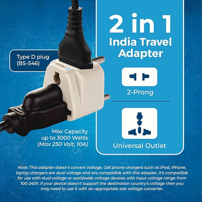 OREI World (USA, UK, China & More) to India (Type D) Travel Adapter Plug - 2 in 1 - CE Certified - RoHS Compliant - 2 Pack - White Color (DB-10-2PK)